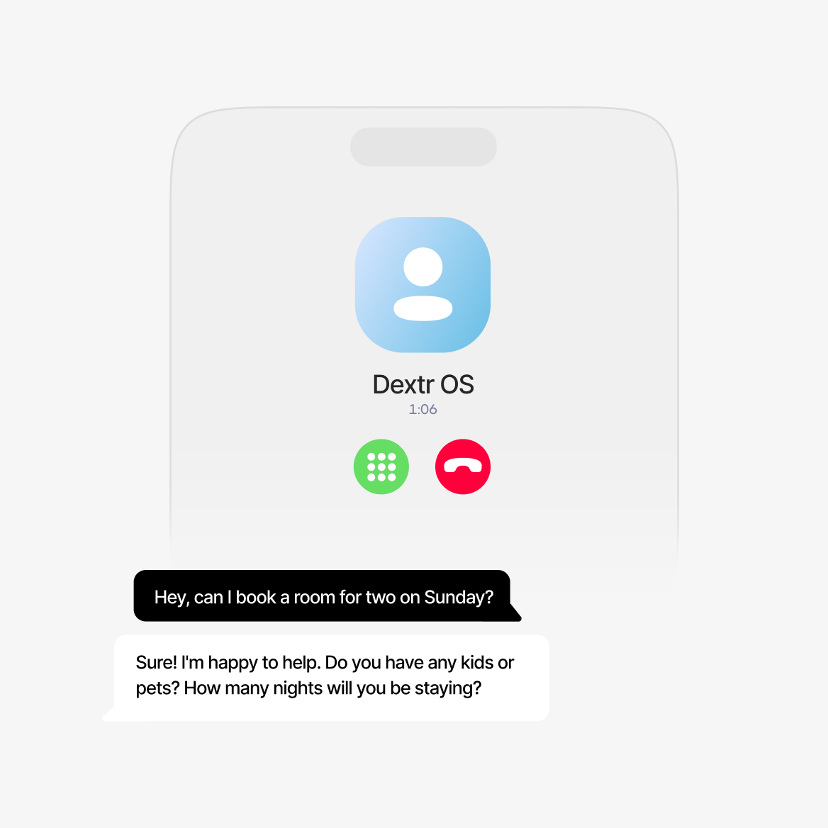 Dextr AI handling phone reservations with chat interface showing booking inquiry