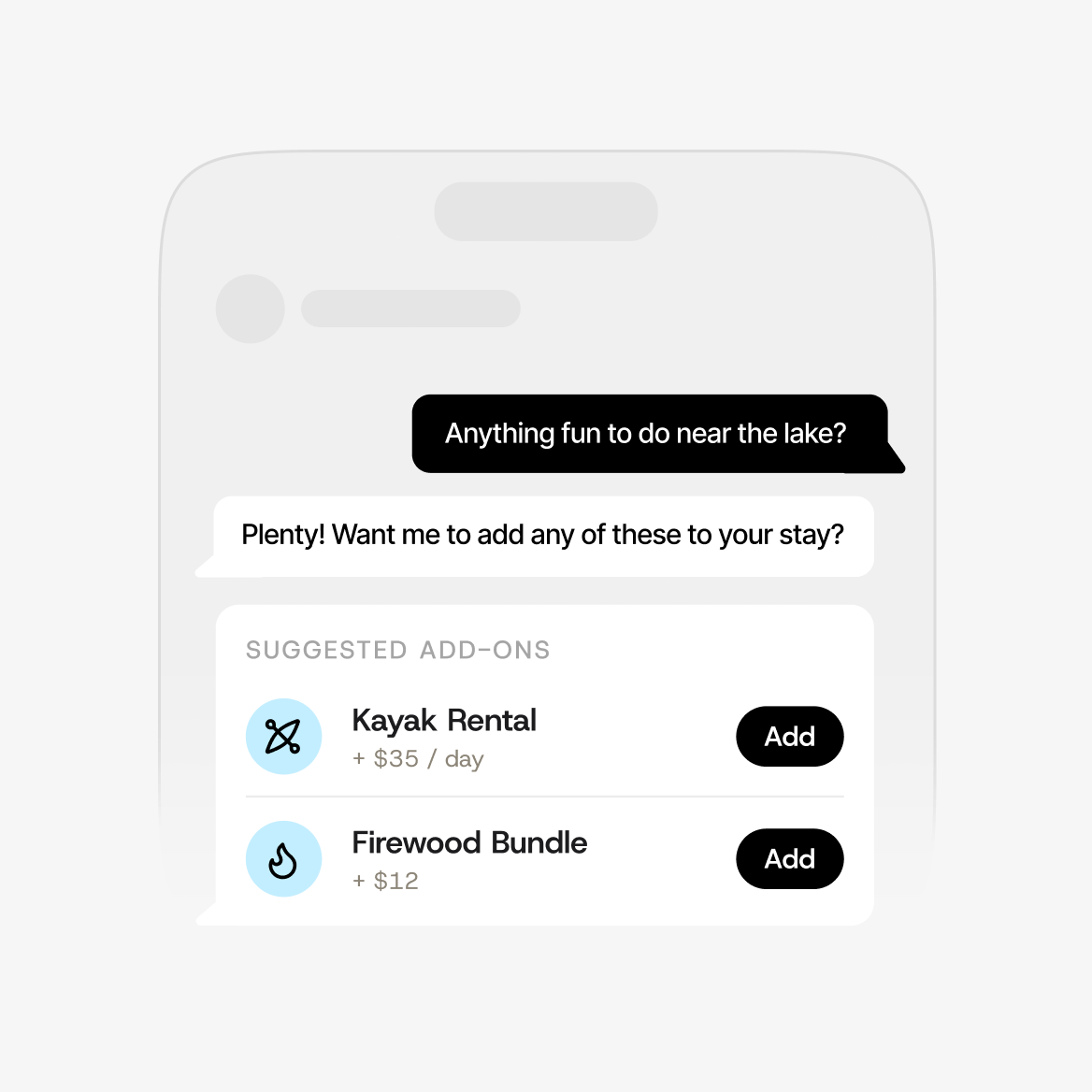 Dextr AI suggesting add-ons like kayak rental and firewood bundle